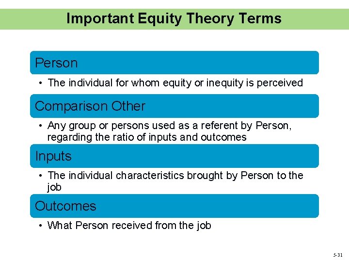 Important Equity Theory Terms Person • The individual for whom equity or inequity is