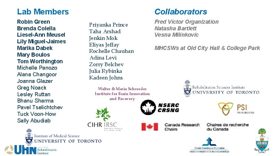 Lab Members Robin Green Brenda Colella Liesel-Ann Meusel Lily Miguel-Jaimes Marika Dabek Mary Boulos