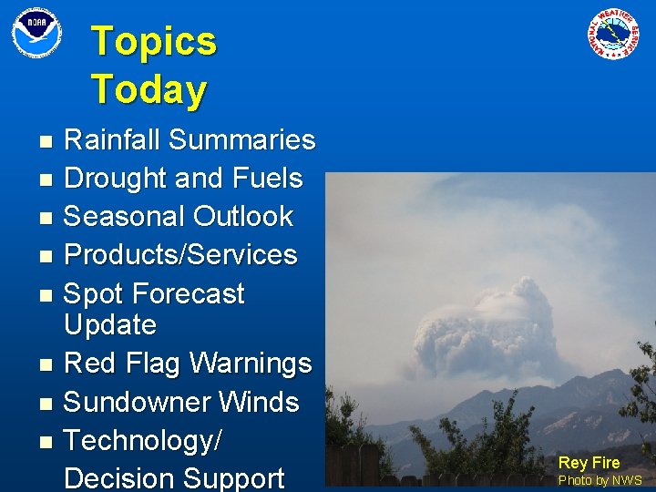 Topics Today Rainfall Summaries n Drought and Fuels n Seasonal Outlook n Products/Services n