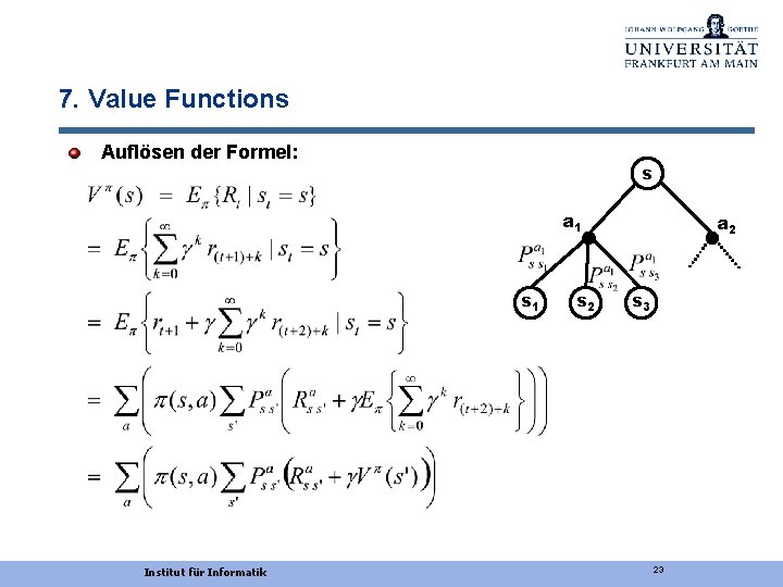 7. Value Functions Auflösen der Formel: s a 1 s 1 Institut für Informatik