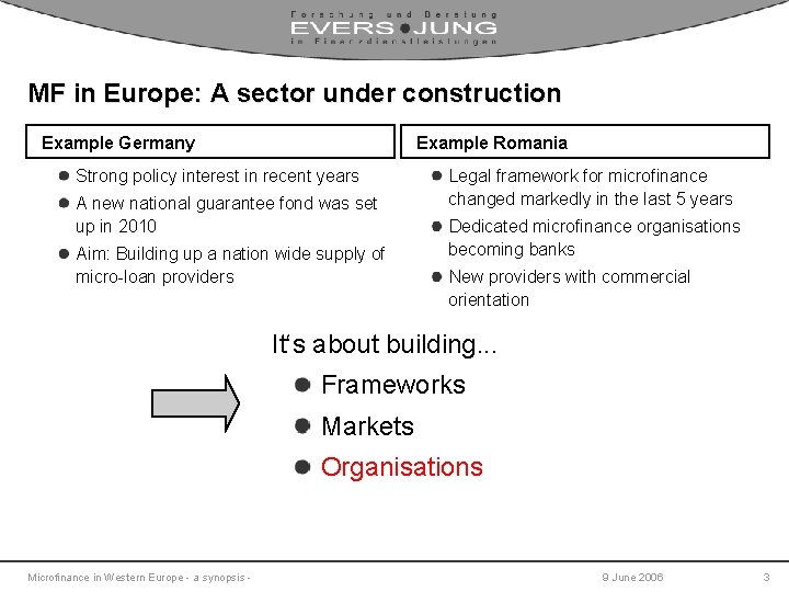 MF in Europe: A sector under construction Example Germany Example Romania Strong policy interest