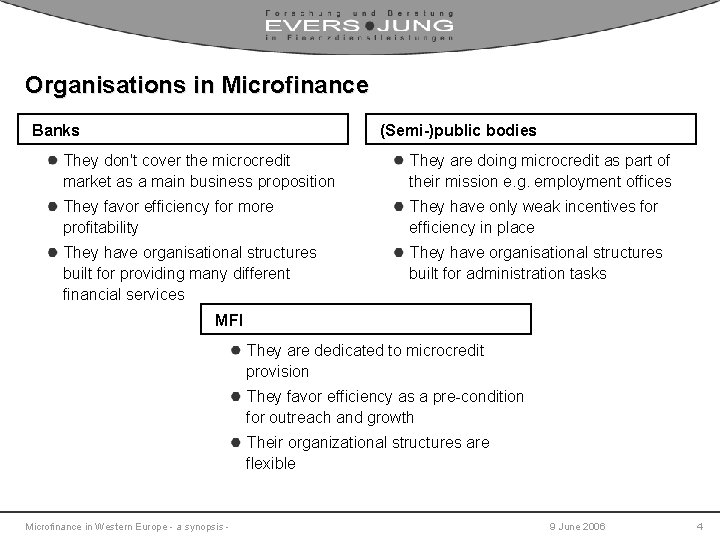 Organisations in Microfinance Banks (Semi-)public bodies They don't cover the microcredit market as a