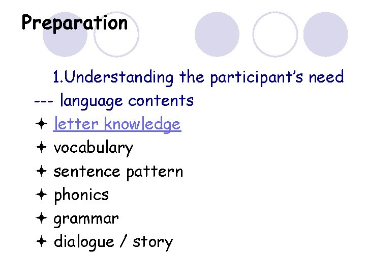 Preparation 1. Understanding the participant’s need --- language contents letter knowledge vocabulary sentence pattern