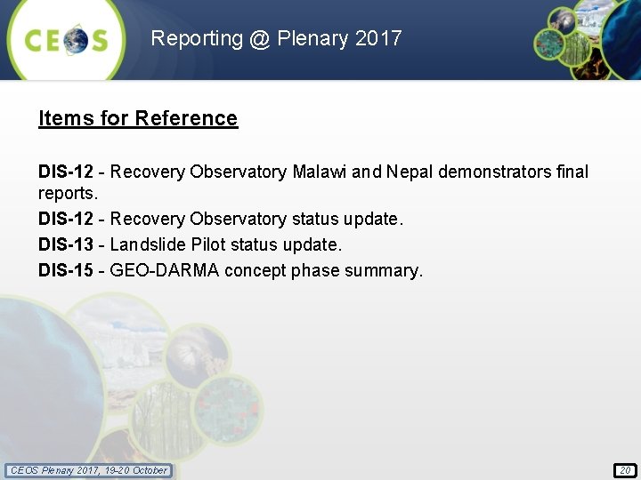 Reporting @ Plenary 2017 Items for Reference DIS-12 - Recovery Observatory Malawi and Nepal