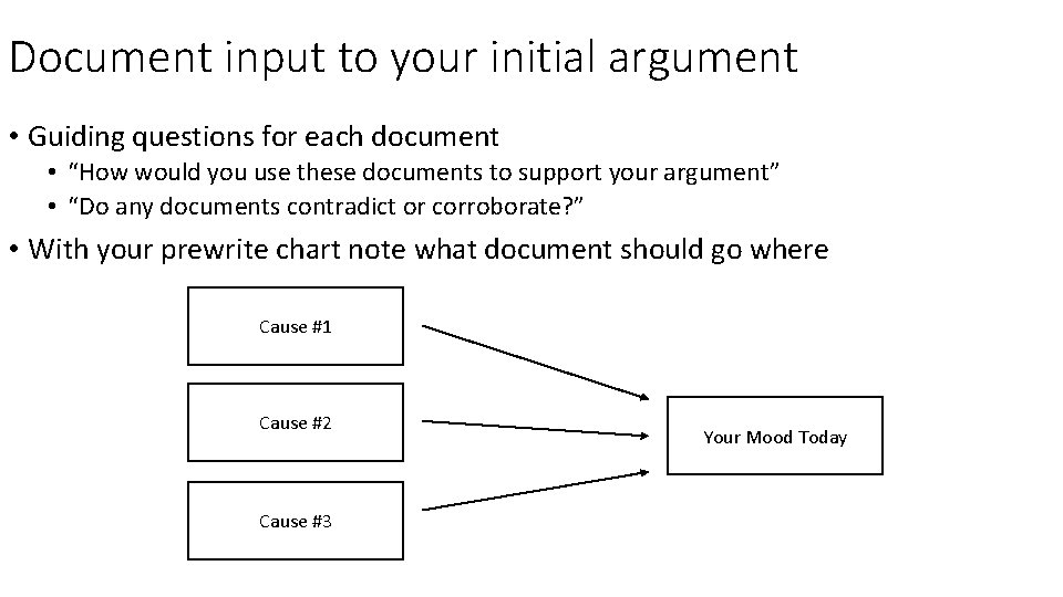 Document input to your initial argument • Guiding questions for each document • “How