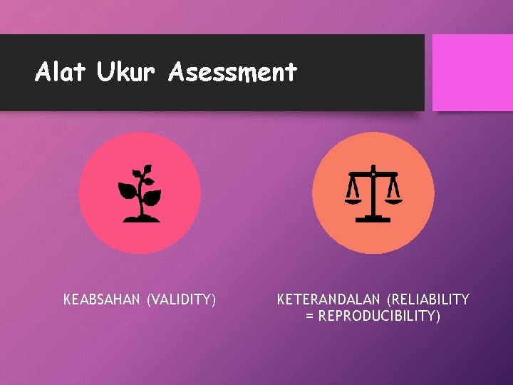 Alat Ukur Asessment KEABSAHAN (VALIDITY) KETERANDALAN (RELIABILITY = REPRODUCIBILITY) 