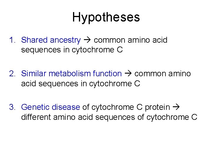 Hypotheses 1. Shared ancestry common amino acid sequences in cytochrome C 2. Similar metabolism