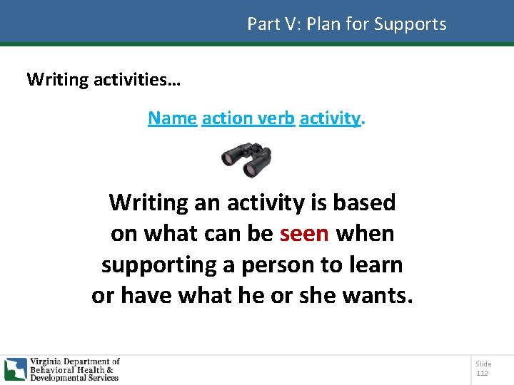 Part V: Plan for Supports Writing activities… Name action verb activity. Writing an activity