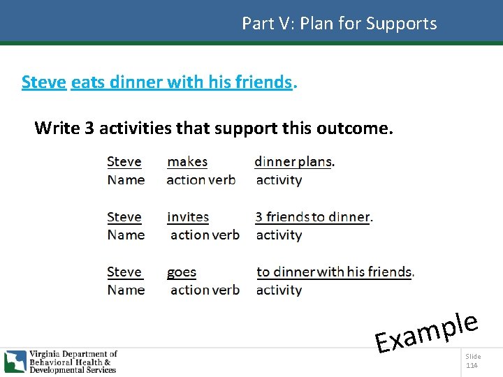 Part V: Plan for Supports Steve eats dinner with his friends. Write 3 activities