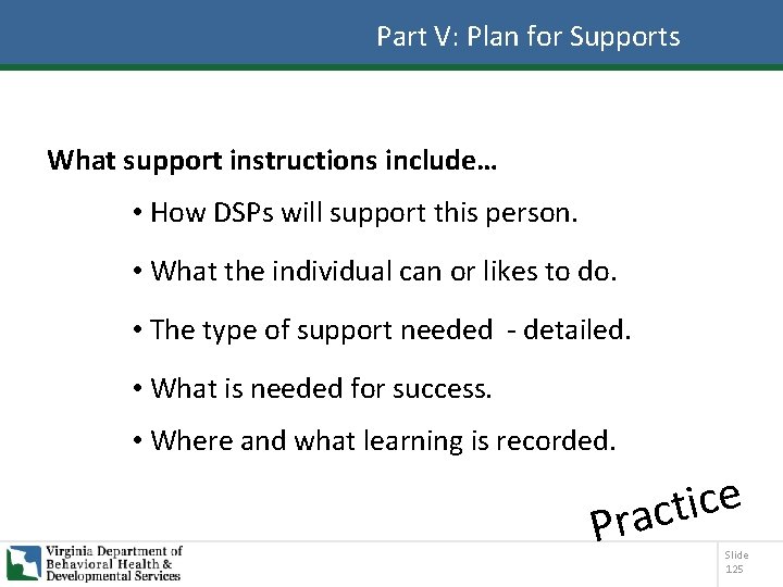 Part V: Plan for Supports What support instructions include… • How DSPs will support