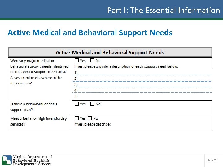 Part I: The Essential Information Active Medical and Behavioral Support Needs Slide 23 