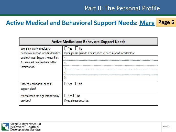 Part II: The Personal Profile Active Medical and Behavioral Support Needs: Mary Page 6