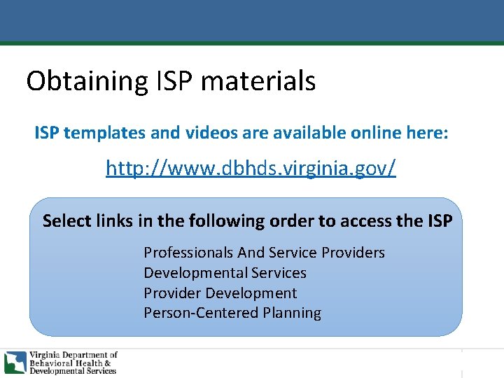 Obtaining ISP materials ISP templates and videos are available online here: http: //www. dbhds.