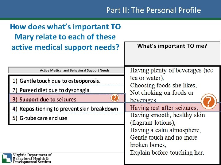 Part II: The Personal Profile How does what’s important TO Mary relate to each