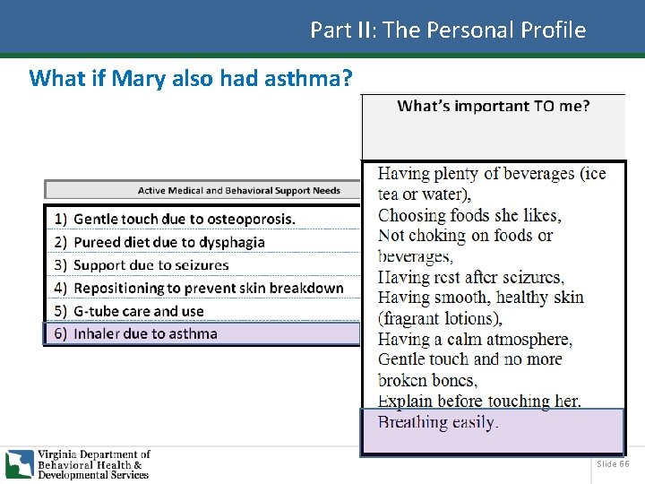 Part II: The Personal Profile What if Mary also had asthma? Slide 66 