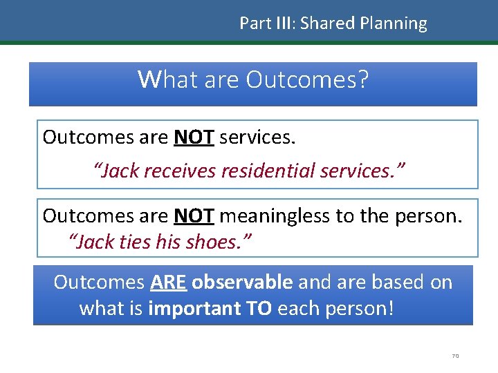 Part III: Shared Planning What are Outcomes? Outcomes are NOT services. “Jack receives residential