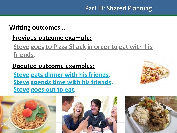 Part III: Shared Planning Writing outcomes… Previous outcome example: Steve goes to Pizza Shack