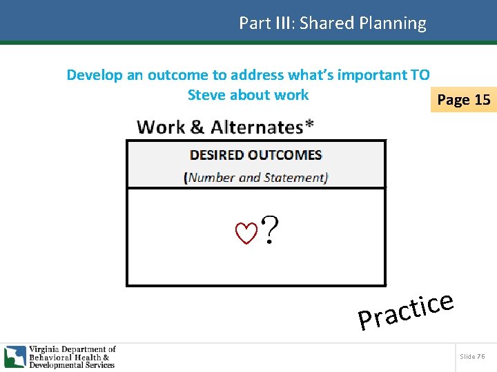 Part III: Shared Planning Develop an outcome to address what’s important TO Steve about