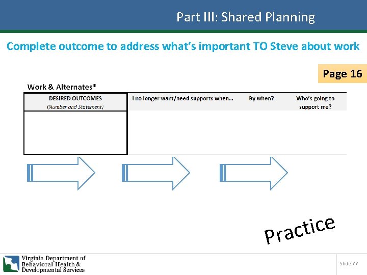 Part III: Shared Planning Complete outcome to address what’s important TO Steve about work