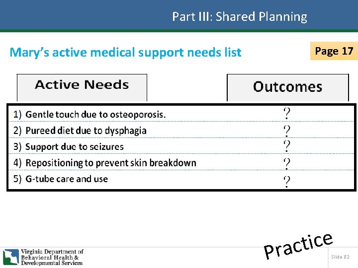 Part III: Shared Planning Mary’s active medical support needs list Page 17 e c