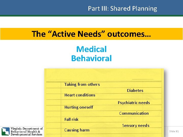 Part III: Shared Planning The “Active Needs” outcomes… Medical Behavioral Taking from others Heart