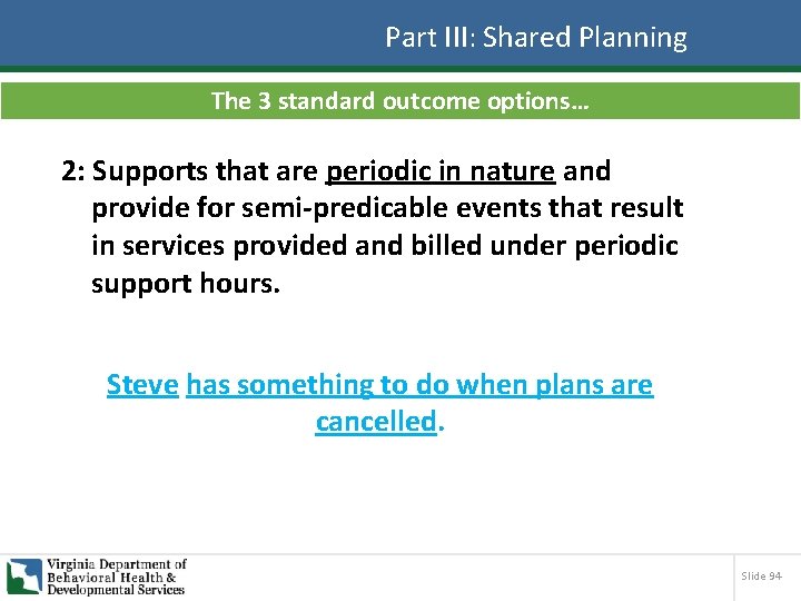 Part III: Shared Planning The 3 standard outcome options… 2: Supports that are periodic