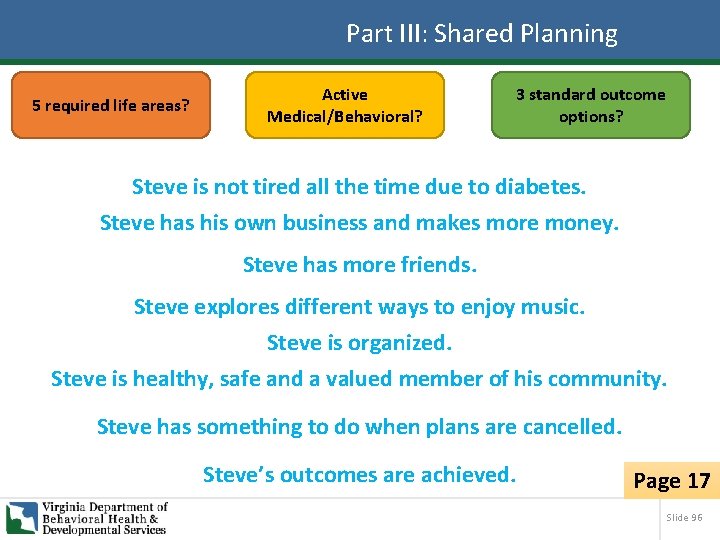 Part III: Shared Planning 5 required life areas? Active Medical/Behavioral? 3 standard outcome options?