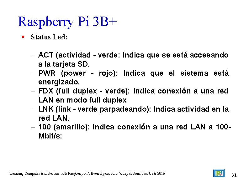 Raspberry Pi 3 B+ Status Led: – ACT (actividad - verde: Indica que se