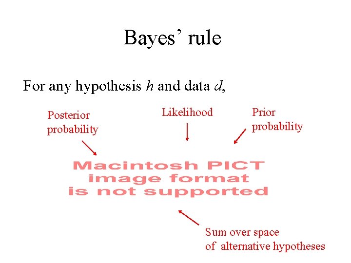 Bayes’ rule For any hypothesis h and data d, Posterior probability Likelihood Prior probability