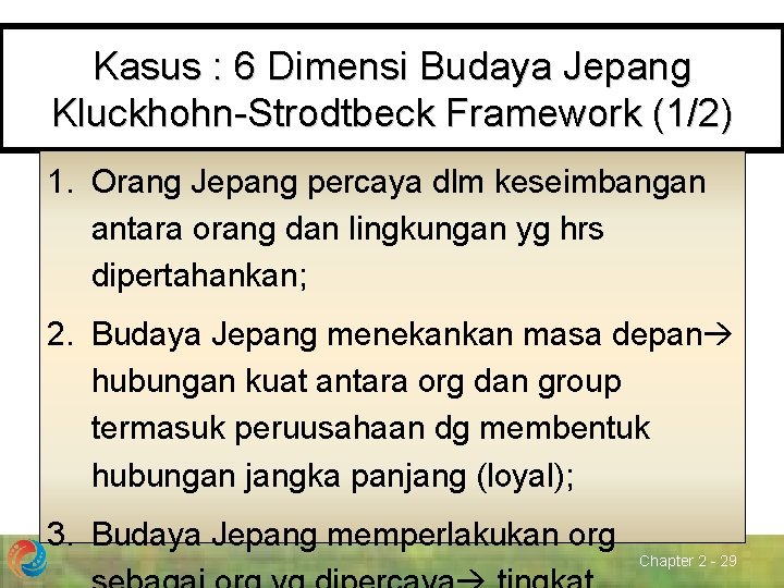 Kasus : 6 Dimensi Budaya Jepang Kluckhohn-Strodtbeck Framework (1/2) 1. Orang Jepang percaya dlm