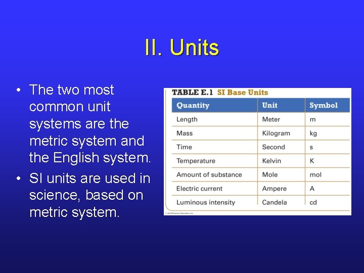 II. Units • The two most common unit systems are the metric system and