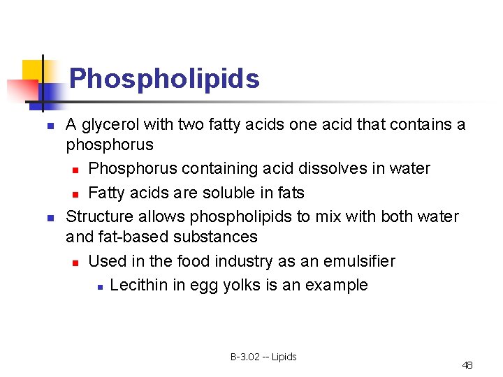 Phospholipids n n A glycerol with two fatty acids one acid that contains a