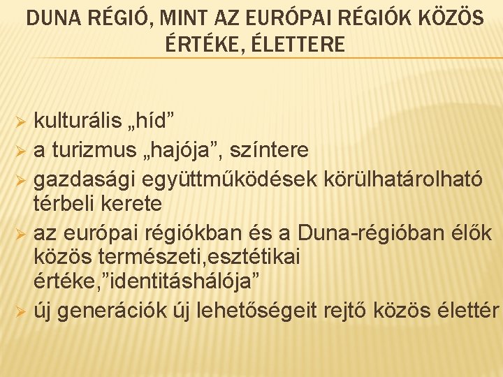 DUNA RÉGIÓ, MINT AZ EURÓPAI RÉGIÓK KÖZÖS ÉRTÉKE, ÉLETTERE kulturális „híd” Ø a turizmus