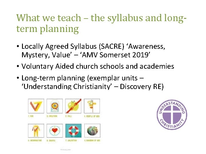 What we teach – the syllabus and longterm planning • Locally Agreed Syllabus (SACRE)