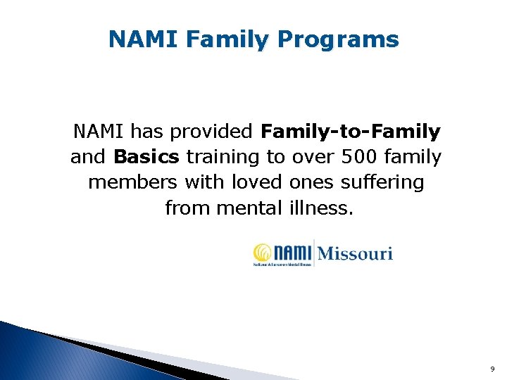 NAMI Family Programs NAMI has provided Family-to-Family and Basics training to over 500 family