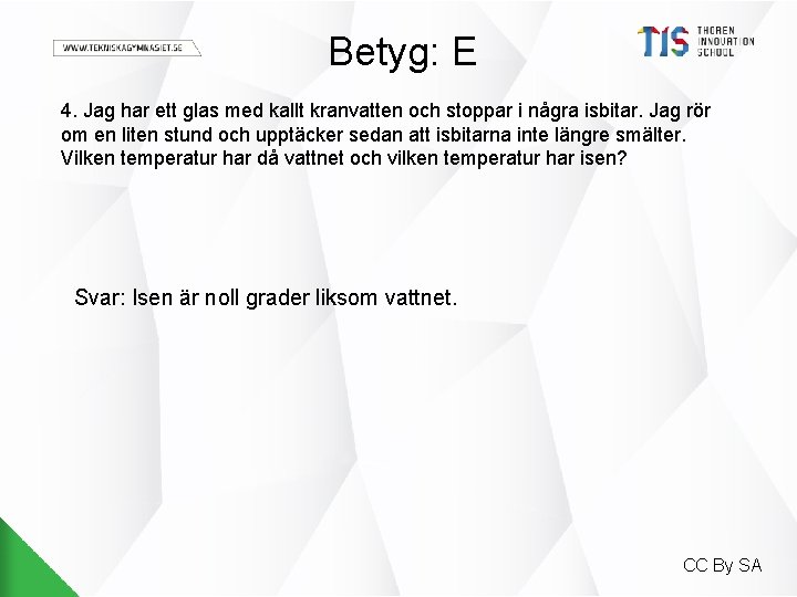 Betyg: E 4. Jag har ett glas med kallt kranvatten och stoppar i några