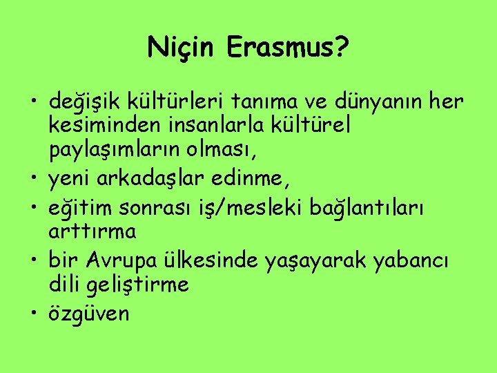 Niçin Erasmus? • değişik kültürleri tanıma ve dünyanın her kesiminden insanlarla kültürel paylaşımların olması,