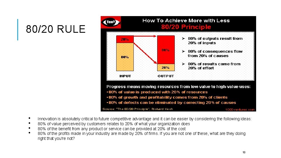 80/20 RULE • • Innovation is absolutely critical to future competitive advantage and it