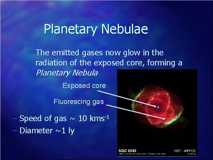 Planetary Nebulae – The emitted gases now glow in the radiation of the exposed