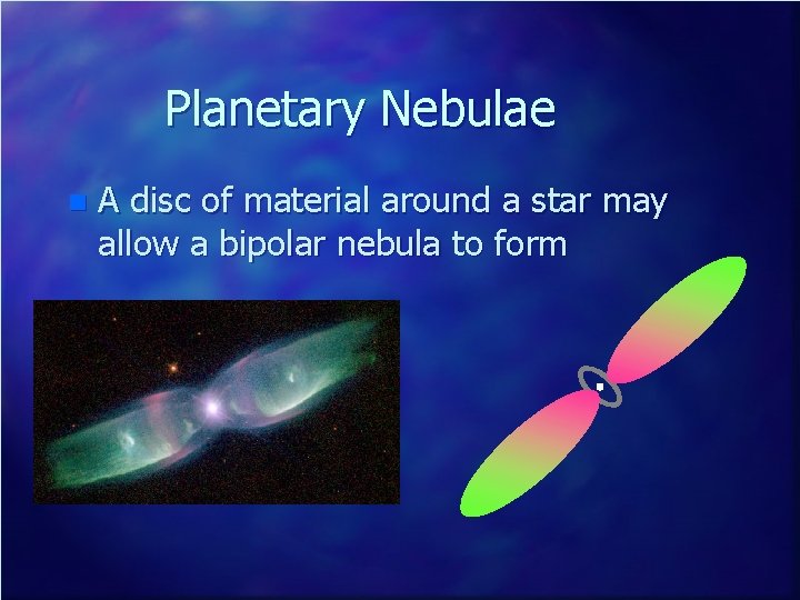 Planetary Nebulae n A disc of material around a star may allow a bipolar