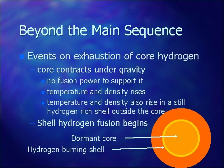 Beyond the Main Sequence n Events on exhaustion of core hydrogen – core contracts