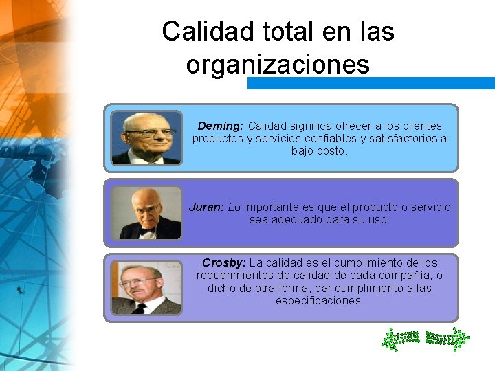 Calidad total en las organizaciones Deming: Calidad significa ofrecer a los clientes productos y