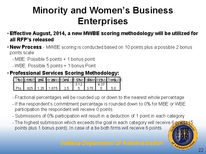 Minority and Women’s Business Enterprises • Effective August, 2014, a new MWBE scoring methodology