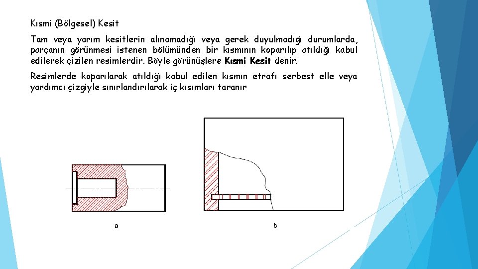 Kısmi (Bölgesel) Kesit Tam veya yarım kesitlerin alınamadığı veya gerek duyulmadığı durumlarda, parçanın görünmesi