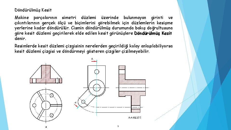 Döndürülmüş Kesit Makine parçalarının simetri düzlemi üzerinde bulunmayan girinti ve çıkıntılarının gerçek ölçü ve