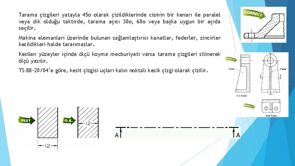 Tarama çizgileri yatayla 45 o olarak çizildiklerinde cismin bir kenarı ile paralel veya dik