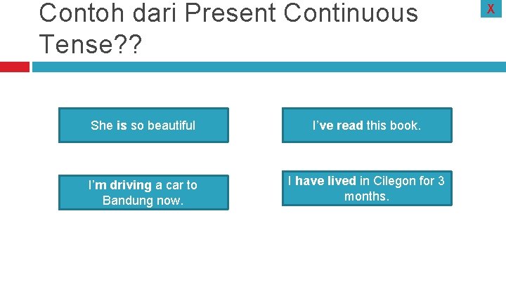 Contoh dari Present Continuous Tense? ? She is so beautiful I’ve read this book.