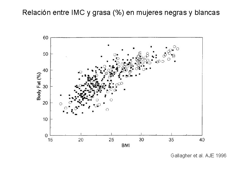 Relación entre IMC y grasa (%) en mujeres negras y blancas Gallagher et al.