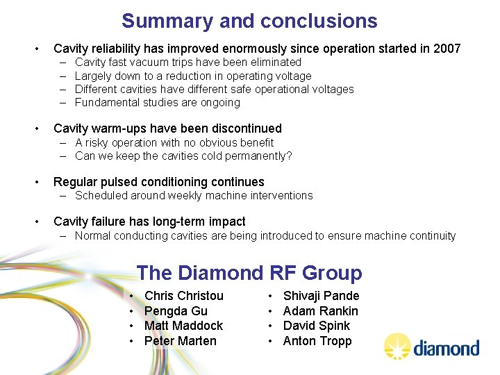 Summary and conclusions • Cavity reliability has improved enormously since operation started in 2007 Summary and conclusions • Cavity reliability has improved enormously since operation started in 2007