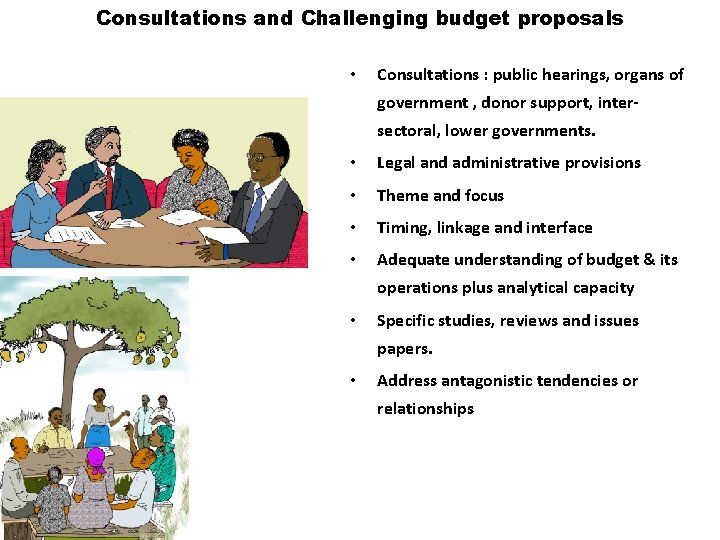 Consultations and Challenging budget proposals • Consultations : public hearings, organs of government ,